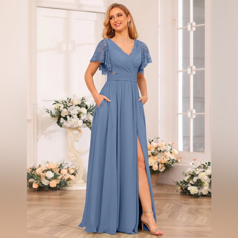 Lavetir | Steel Blue Plus Size A-Line Princess V-Neck Bridesmaid Formal Dress